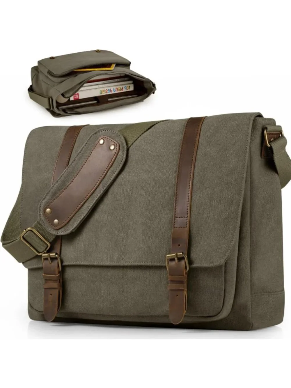 Vintage Canvas Messenger Bag for 15.6'' Laptop | Large Capacity Satchel, Green